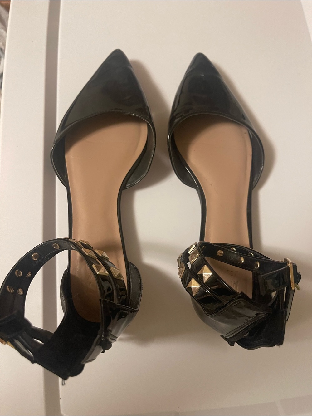 Women’s Black Pointed-Toe Ankle-Strap Flats with Gold Studs